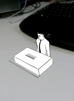 Quaxza business card activation: an illustrated figure stands up from the card in AR