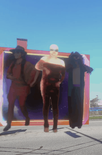 Three costumed performers dancing in the location-based 3 Fates AR experience