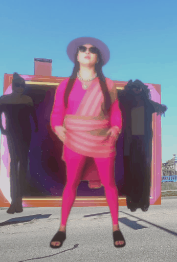Pink-clad performer dancing with two figures in the 3 Fates mural augmentation