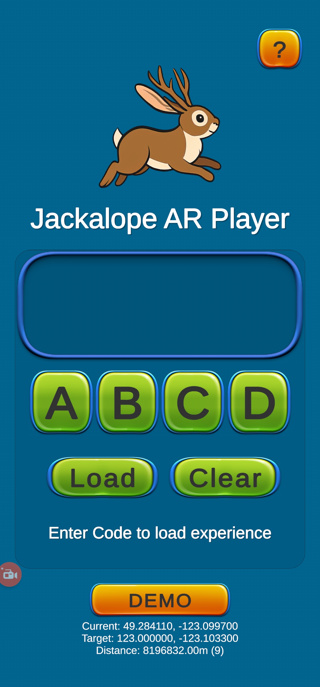 Jackalope AR Player interface with project code buttons and location information
