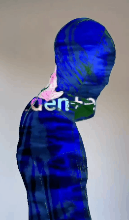 Gen+Esc for FutureArts: a figure wrapped in shifting blue textures with embedded type