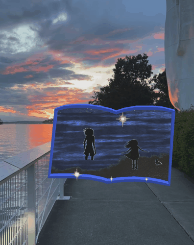 AR storybook floating beside the Seattle waterfront at sunset