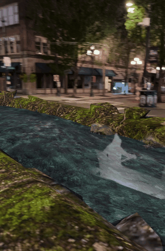 Animated AR stream and landscape appearing on a Seattle street during Future Arts Way