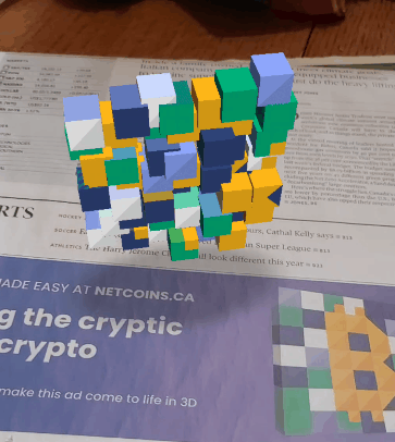 Animated AR mosaic globe emerging from a Netcoins print advertisement