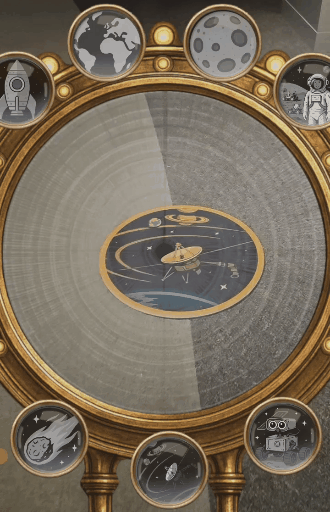 Animated Voyager I spacecraft experience with golden record audio