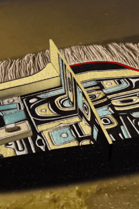 Coast Salish bentwood-box style artwork unfolding in AR, Winter Arts 2022