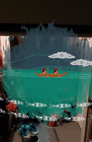 Window artwork of paddlers and salmon animated with AR, Winter Arts 2022