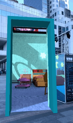 An AR portal doorway standing in a downtown Vancouver plaza during VMF Winter Arts